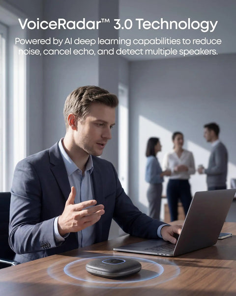 Person using PowerConf Conference Speakerphone With Six Mics 360 Degree Voice Pickup 24 Hour Call Time Zoom Certified Bluetooth 5.3 USB C Plays Nice With Leading Platforms For Personal Workspaces on desk.