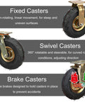 Heavy Duty Rubber Pneumatic Casters 4 Pack 8 10 Inch Rock Solid wheels showing fixed, swivel, and brake casters for carts.
