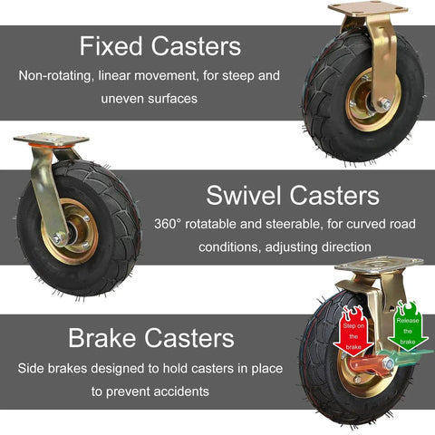 Heavy Duty Rubber Pneumatic Casters 4 Pack 8 10 Inch Rock Solid wheels showing fixed, swivel, and brake casters for carts.