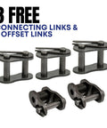 Image of 3 connecting links and 2 offset links from ANSI 41 Roller Chain Kit Built Tough For Industrial Use, 10 Feet Long.