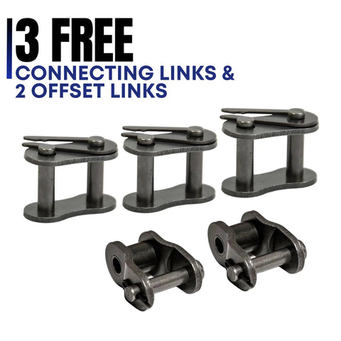 Image of 3 connecting links and 2 offset links from ANSI 41 Roller Chain Kit Built Tough For Industrial Use, 10 Feet Long.
