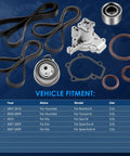All In One Timing Belt Kit With Water Pump For Hyundai Elantra 2005-2009 Hyundai Tucson 2010 Kia Soul 2007-2009 Kia Spectra 2007-2009 Spectra5 24312-23202 24810-23050 Replacement Kit components displayed with vehicle fitment guide