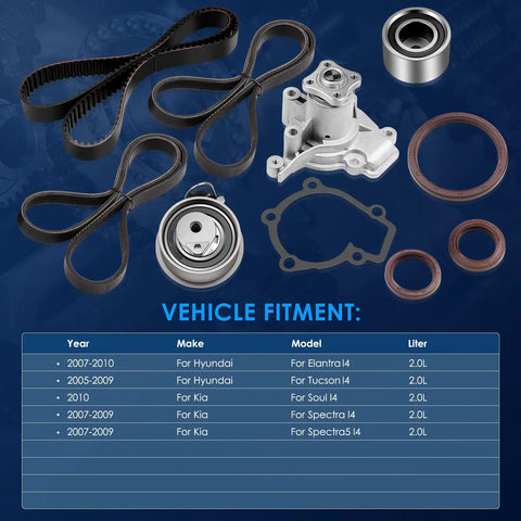 All In One Timing Belt Kit With Water Pump For Hyundai Elantra 2005-2009 Hyundai Tucson 2010 Kia Soul 2007-2009 Kia Spectra 2007-2009 Spectra5 24312-23202 24810-23050 Replacement Kit components displayed with vehicle fitment guide