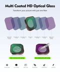 Illustration of Insta360 Ace Pro 2 UV Lens Filter with layers and coatings for water and scratch resistance, HD optical glass.