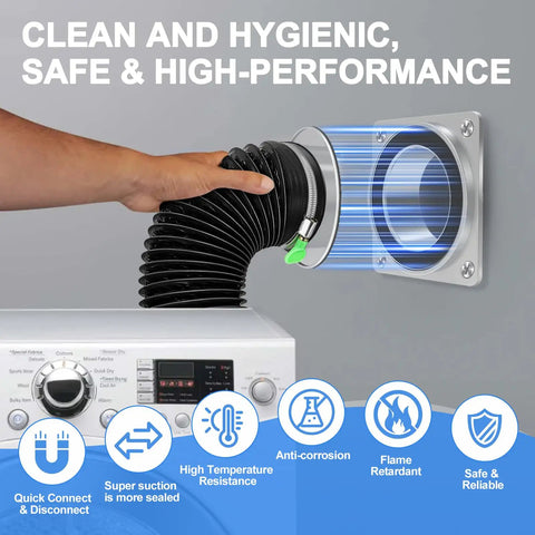 Heavy Duty Magnetic Dryer Vent Connector Kit with Airtight Seal being installed, showing quick connect hose and clamp.