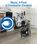 Industrial Grade 20 Inch High Velocity Pivoting Floor Fan For Powerful Air Circulation In a garage with tools.