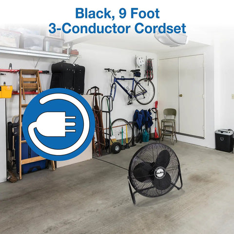 Industrial Grade 20 Inch High Velocity Pivoting Floor Fan For Powerful Air Circulation In a garage with tools.