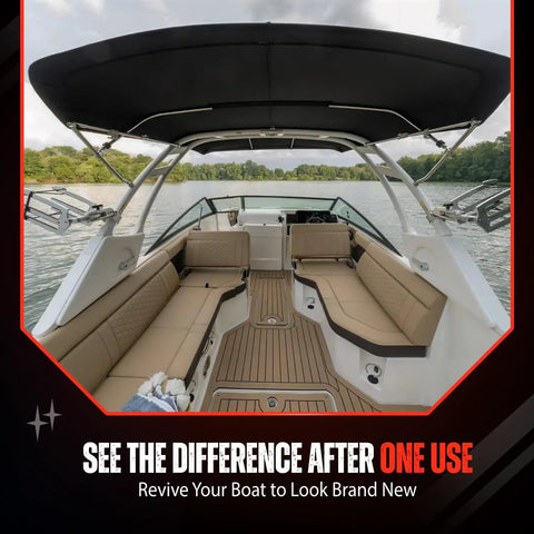 Boat with clean deck showing Powerful Deck Cleaner For Boats With Non Skid Formula And EVA Foam Safe Action Tough On Stains