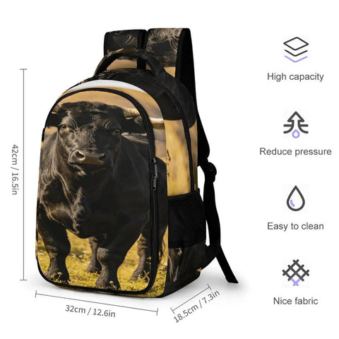 Black Longhorn Bull Printed Unisex Backpack With Large Capacity, Durable Polyester Daypack For School Or Travel