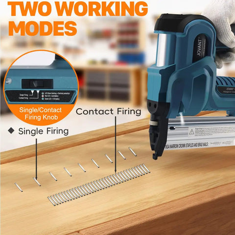 Cordless 2in1 Brad Nailer And Stapler, 18 Gauge Electric Power Tool With 2x2.0Ah Batteries, showcasing single/contact firing knob for versatile use.
