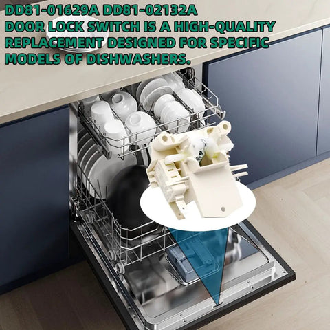 Dishwasher door with DD81-02132A DD81-01629A latch lock OEM replacement part visible on open rack.