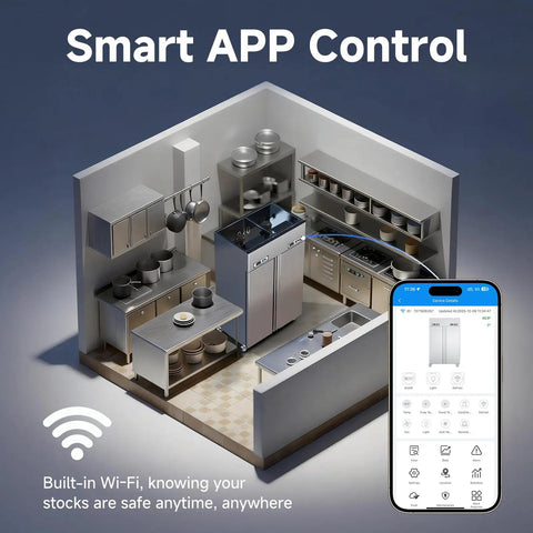 Top Shelf Commercial Fridge And Freezer Combo With Wifi Smart Control Dual Zone 36 Cu Ft shown in a modern kitchen with smart app control.