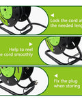 Heavy Duty Extension Cord Storage Reel With Four Grounded Outlets Pro Grade Portable Hand Crank Cord Roller For 12-3 14-3 16-3 Power Cords Open Reel Organizer Green, showing cord locking, reeling, and plug fixing steps with green and black components.