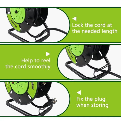 Heavy Duty Extension Cord Storage Reel With Four Grounded Outlets Pro Grade Portable Hand Crank Cord Roller For 12-3 14-3 16-3 Power Cords Open Reel Organizer Green, showing cord locking, reeling, and plug fixing steps with green and black components.