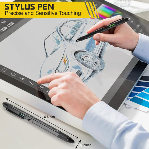Person using a Fathers Day Gift For Dad And Men 9 In 1 Multitool Pen With LED Light Stylus Ruler Bubble Level Bottle Opener Screwdrivers And Ballpoint Pen Handy Gadget For Work Home And DIY Lovers on a tablet