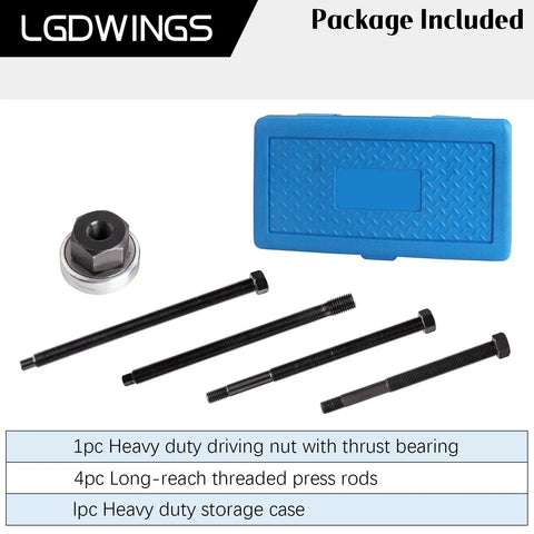 Long Reach Harmonic Balancer Installer Kit For Ford Crankshaft Pulleys 5 Piece Pulley Puller Set with storage case and components.