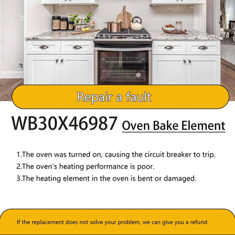Oven Heating Element Replacement For GE Hotpoint Kenmore Ovens WB30X46987 text overlay on kitchen oven scene