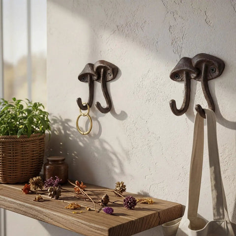 Straight Up Legit Mushroom Wall Hooks Set Of Two Heavy Duty Cast Iron Coat Hangers With Antique Black Finish mounted on wall with keys and bag.