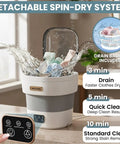 No Sweat Compact Portable Washer With 15L Spin Basket Designed For Underwear Socks And Delicate Clothes Easy Pack Away Design, with splashing water and colorful clothes inside.