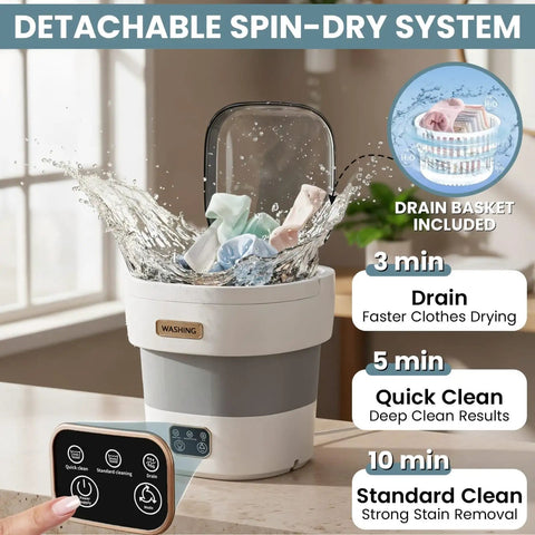 No Sweat Compact Portable Washer With 15L Spin Basket Designed For Underwear Socks And Delicate Clothes Easy Pack Away Design, with splashing water and colorful clothes inside.