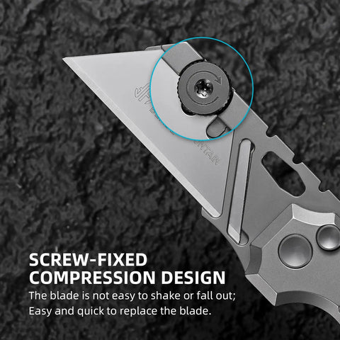 Close-up of Built Different Cnc Titanium Folding Utility Knife with secure screw-fixed compression design for easy blade replacement.