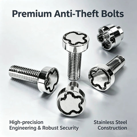 M6 Stainless Steel Anti Theft Locking Screws Kit 20mm Four Locks Plus One Key Heavy Duty Security Bolts display on white surface