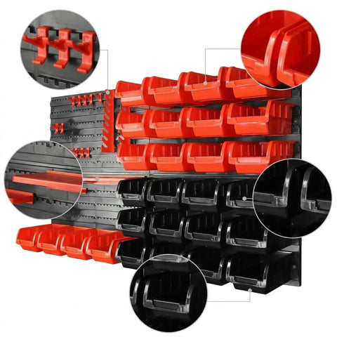 Massive Wall Mount Organizer Pegboard Rack Keeps The Shop Spotless And Sorted This Rugged Build Makes Tool Hunting A Total Breeze For Weekend Warriors Who Want Zero Fuss Setup with red and black storage bins.
