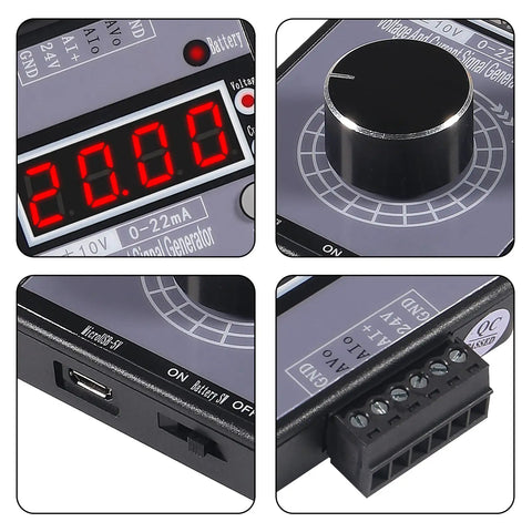 Adjustable 4-20mA and 0-10V/0-22mA signal generator with LCD display, showing detailed controls and connectors, compact design.