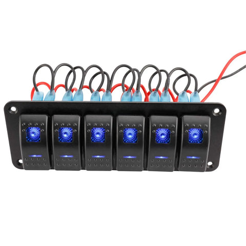 12-24V Illuminated 6 Gang Aluminum Rocker Switch Panel Pre-Wired Dash Kit With 5 Pin On Off Switches IP65 Blue Backlit LED