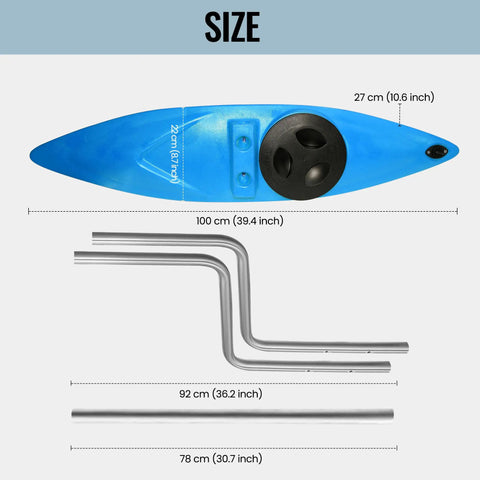 Kayak Stabilizers And Canoe Stabilizer System Kit With Durable Outriggers Installation Accessories Sidekick Arms Rod Light Aqua Built For All Water Conditions UV And Corrosion Resistant Premium LLDPE Plastic shown in blue with measurements