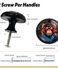 Dimensions of 4 Pack Acrylic Round Cabinet Knobs With DJ Monkey Design on paint-splatter background