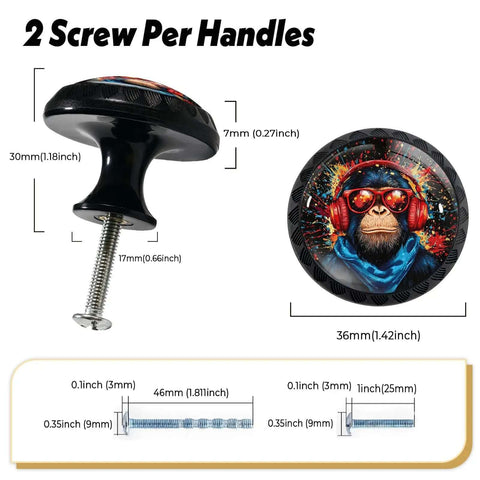 Dimensions of 4 Pack Acrylic Round Cabinet Knobs With DJ Monkey Design on paint-splatter background