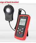 Easy-Read Pro-Grade Digital Lux Meter For Photography And Studio Lighting, Measures 0 To 200000 Lux (Lux/FC) With Clear Readout, Ideal For Photo Shoots, Office, Lab, Stage, And Horticulture Lighting Control, red handheld unit with sensor
