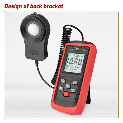 Easy-Read Pro-Grade Digital Lux Meter For Photography And Studio Lighting, Measures 0 To 200000 Lux (Lux/FC) With Clear Readout, Ideal For Photo Shoots, Office, Lab, Stage, And Horticulture Lighting Control, red handheld unit with sensor