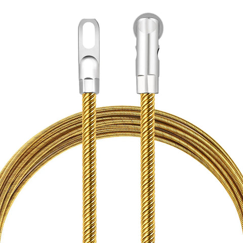Close-up of Workhorse Fish Tape 16.4 Ft Wire Puller, showing nickel plated pulley head and spring steel cable, ideal for electrical runs through walls.