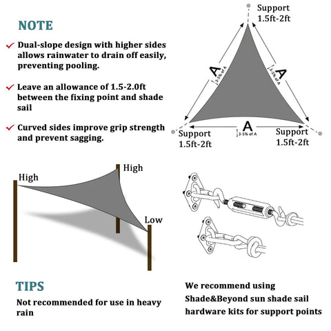 Diagram of a Triangle Shade Sail 14 Foot By 14 Foot By 14 Foot Dark Grey Outdoor Canopy showing support and installation tips.
