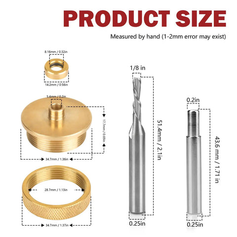 Inlay Bushing Kit 9500 Replacement For Solid Brass Router Inlay Kit with 1/4 Inch Bit and 1/8 Inch Downcut Carbide Spiral, dimensions shown.