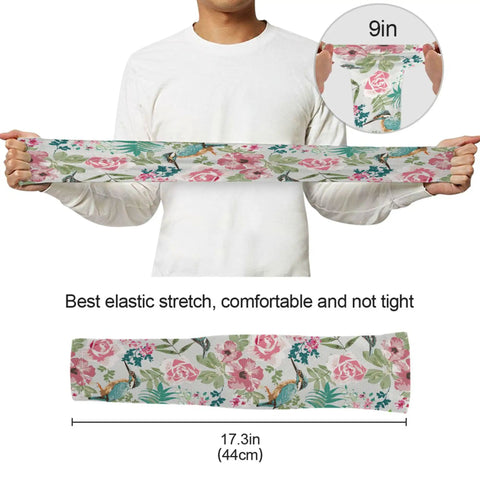 Cooling Garden Arm Sleeves With Thumb Hole, Sun Protection, Breathable Nylon, Floral Pink Hummingbird Design For Yard Work