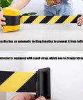 Heavy Duty 10 Meter Retractable Belt Barrier Wall Mount Crowd Control Divider For Restricted Area Security Durable Nylon Ribbon shows strapping mechanism.