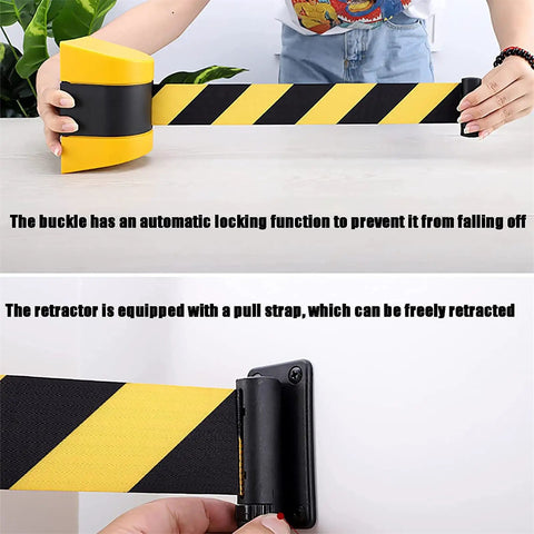 Heavy Duty 10 Meter Retractable Belt Barrier Wall Mount Crowd Control Divider For Restricted Area Security Durable Nylon Ribbon shows strapping mechanism.