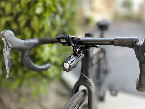 All In One Aero Handlebar Out Front Bike Mount For Cycling Computers And GoPro With Built In Light Attachment on bicycle