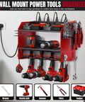 All In One Wall Mounted Power Tool Organizer With Built In Eight Outlet Charging Station Three Layer Heavy Duty Drill Holder Rack in garage