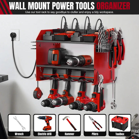 All In One Wall Mounted Power Tool Organizer With Built In Eight Outlet Charging Station Three Layer Heavy Duty Drill Holder Rack in garage
