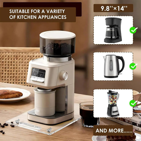 Smooth Operator Coffee Tray With Comfortable Pull Handle And Sturdy Rubber Wheel Base For Countertop Espresso Bar No Sweat Rolling Platform Easy Reach Counter Upgrade with coffee maker on a table.