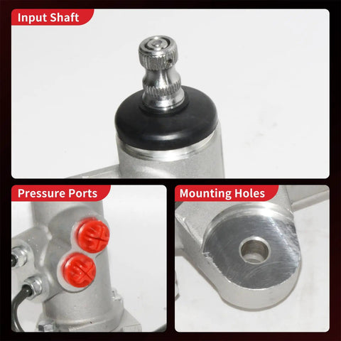 Close-up of input shaft, pressure ports, and mounting holes on hydraulic power steering rack and pinion assembly compatible with Hyundai Santa Fe 2010 to 2012 and Kia Sorento 2011 to 2013 direct fit new unit leak resistant ref 26 2450