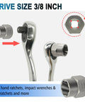 13 Piece Screw Extractor And Bolt Remover Set with three eighths inch drive showing multi spline sockets and wrench.