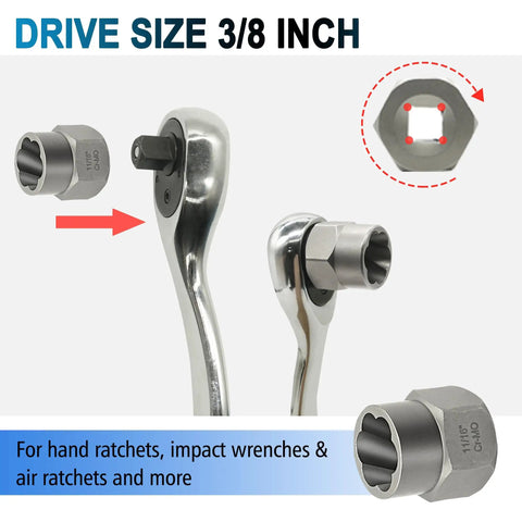 13 Piece Screw Extractor And Bolt Remover Set with three eighths inch drive showing multi spline sockets and wrench.