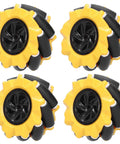 Four 80mm yellow mecanum wheels with black hubs for DIY robot car projects (two pairs)