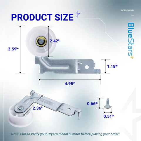 Upgraded Dual Ball Bearings Dryer Idler Pulley With Sturdy Clip Compatible With Samsung Dryers, product size diagram shown