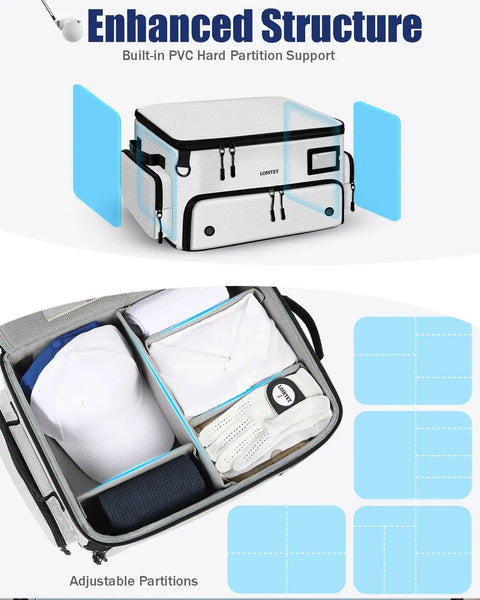 Waterproof Golf Trunk Organizer With Ventilated Shoe Pockets for 2 pairs with 4-layer, 17-pocket design, open and closed views.